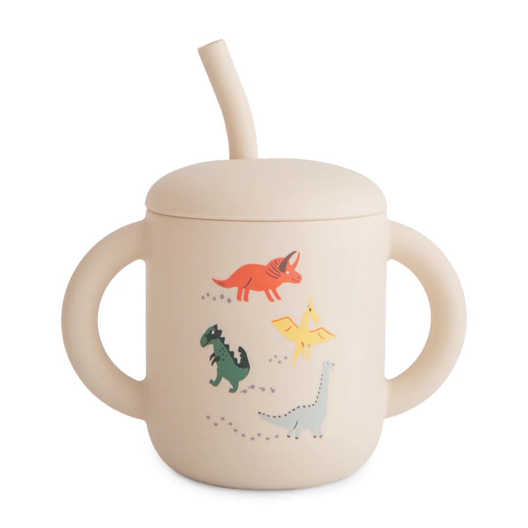 Mushie Silicone Training Cup + Straw in Dinosaurs - non-toxic toddler straw cup with fun dino print and easy-grip handles