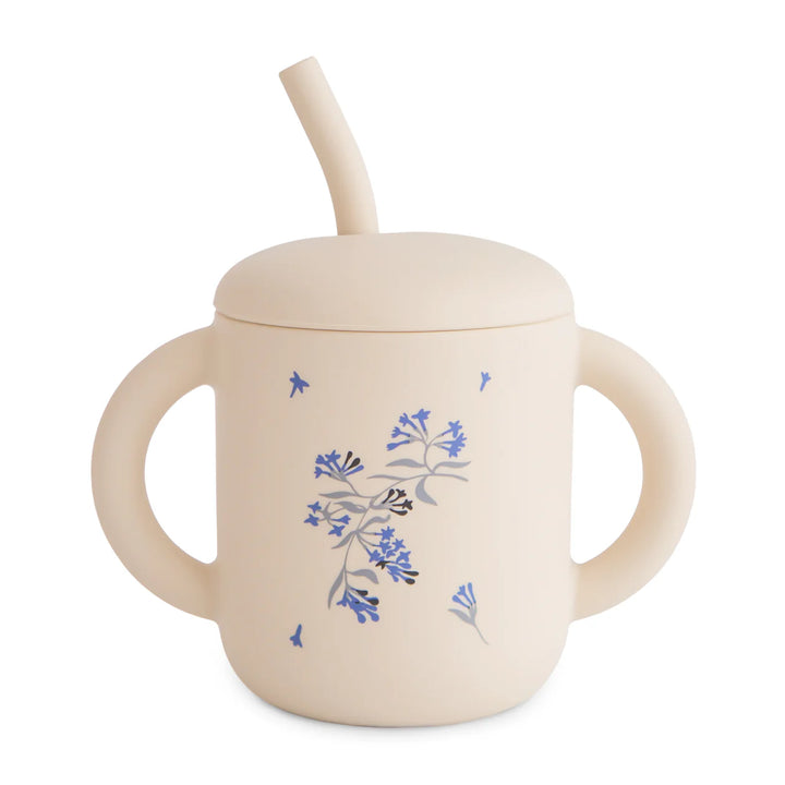 Mushie Silicone Training Cup + Straw in Lilac Flowers - BPA-free patterned toddler straw cup with floral lilac design