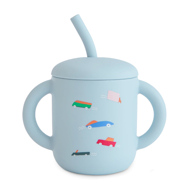 Mushie Silicone Training Cup and Straw in Retro Cars print for toddlers learning to sip