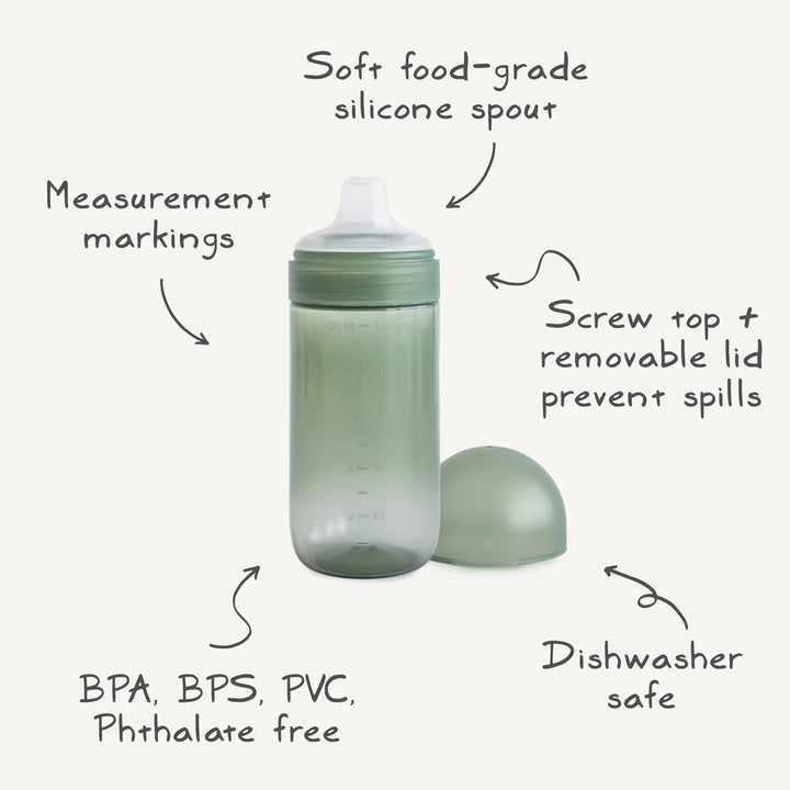 Mushie Soft Spout Sippy Cup features infographic - BPA-free silicone spout, translucent 10 oz body, dishwasher safe