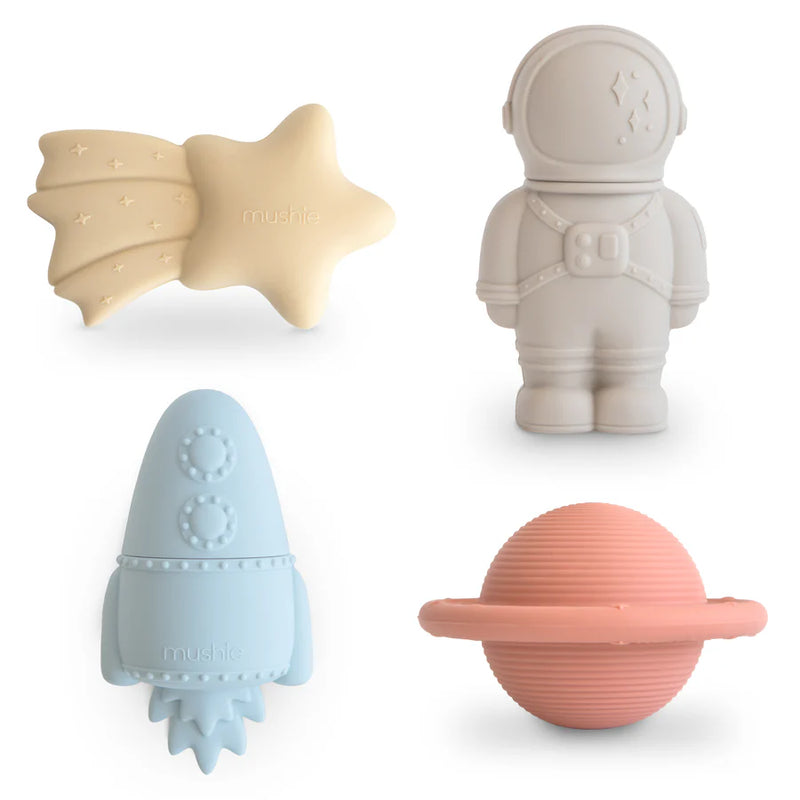 A set of Mushie space-themed bath toys designed without mold safe for babies during bath time