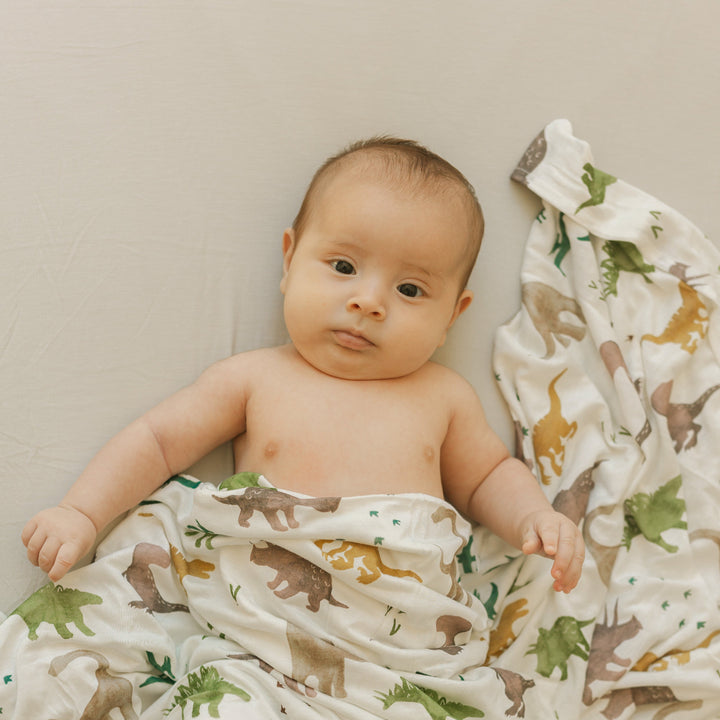 Infant muslin blankets from Little Unicorn, Stretch Knit Swaddle Blanket - Dino Pals, perfect for everyday swaddling