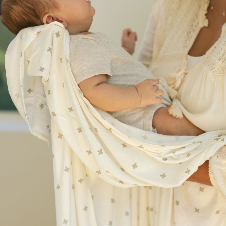 Little Unicorn muslin for swaddling, Stretch Knit Swaddle Blanket - Grey Cross, cozy for newborn snuggles
