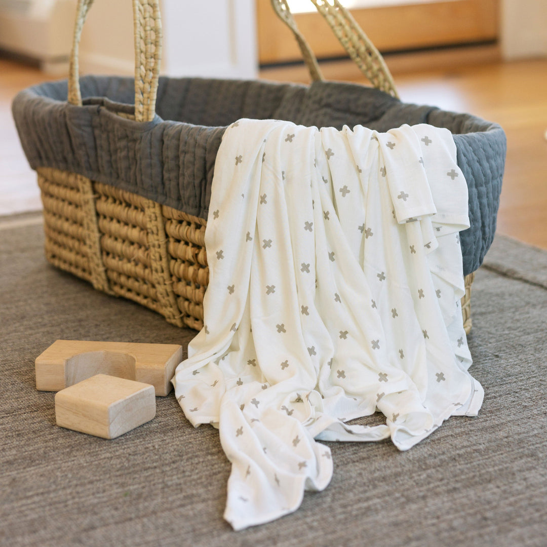Soft Grey Cross muslin baby blankets by Little Unicorn, Stretch Knit Swaddle Blanket, gentle and breathable