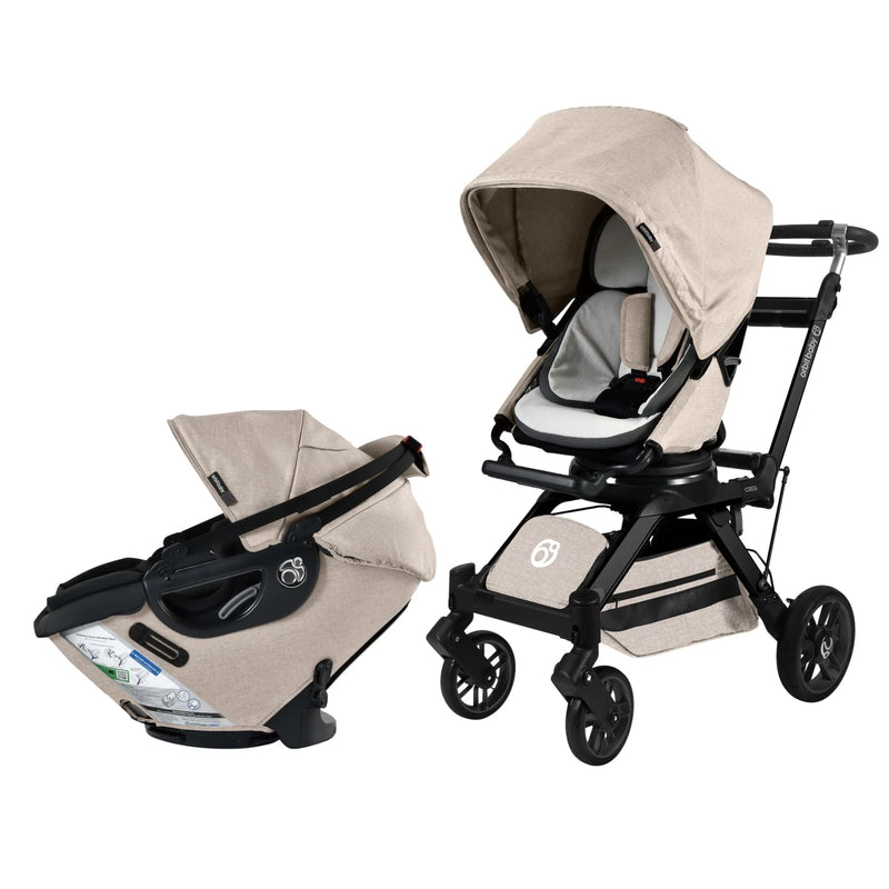 Orbit Baby Stroll & Ride Travel System in Melange Flax/Black provides modern style and strength, perfect as a versatile stroller carseat combo.