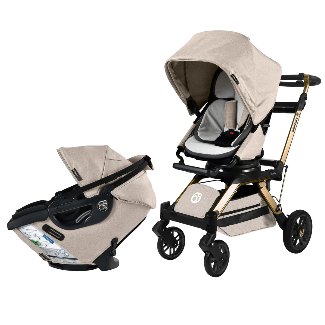 Designed for modern families, the Orbit Baby Stroll & Ride Travel System in Melange Flax/Gold offers a versatile stroller car seat.