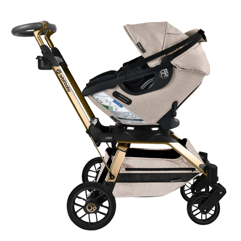Orbit Baby Stroll & Ride Travel System in Melange Flax/Gold ensures effortless mobility and refined design as a best stroller car seat combo.