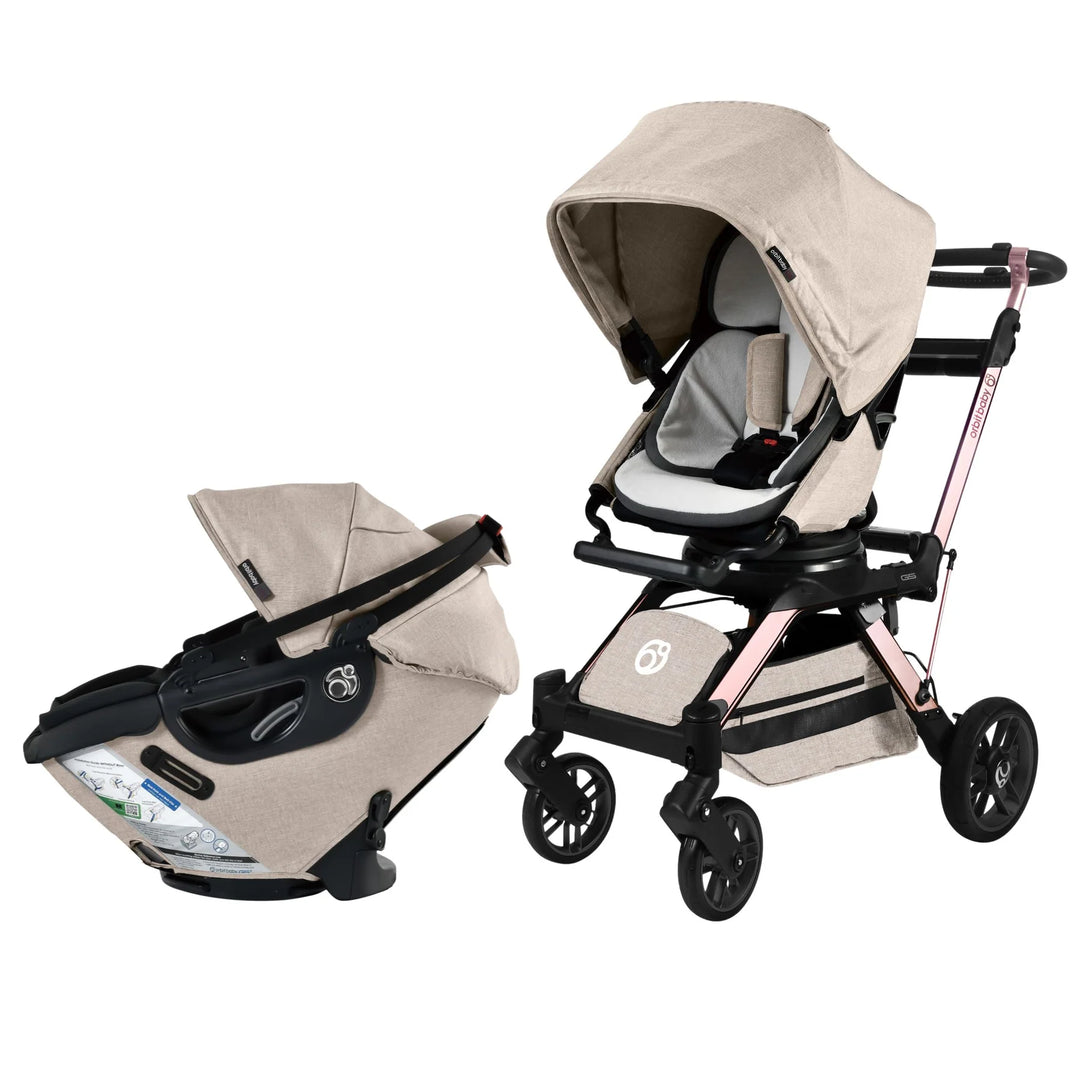 In Melange Flax/Rose Gold, the Orbit Baby Stroll & Ride Travel System provides smooth, reliable rides as a stroller for toddler and infant.
