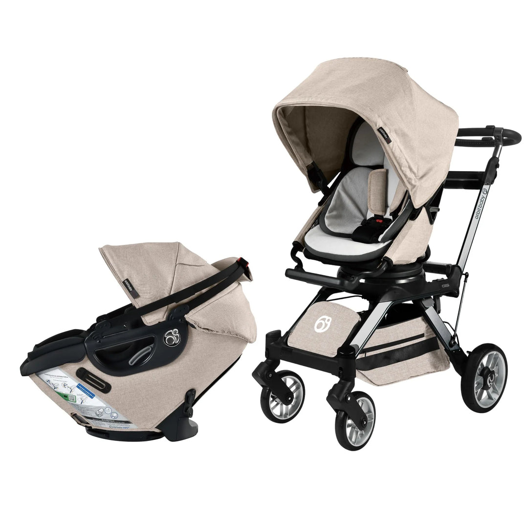 The Orbit Baby Stroll & Ride Travel System in Melange Flax/Titanium provides a reliable baby stroller for everyday adventures.