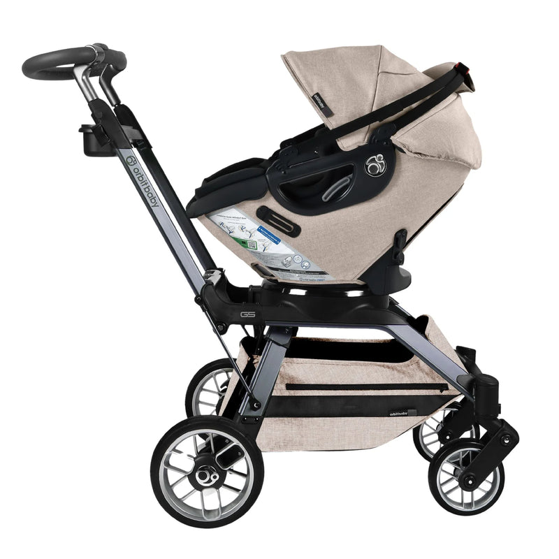 Orbit Baby Stroll & Ride Travel System in Melange Flax/Titanium ensures smooth rides and durability as a premium stroller travel system.