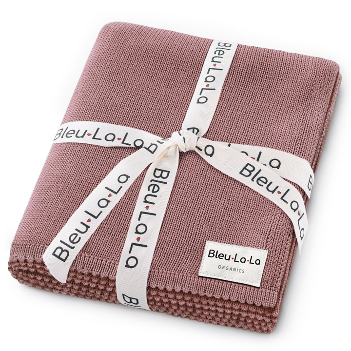 Mauve Bleu La La organic cotton luxe baby blanket folded neatly, premium cotton baby blanket with soft texture