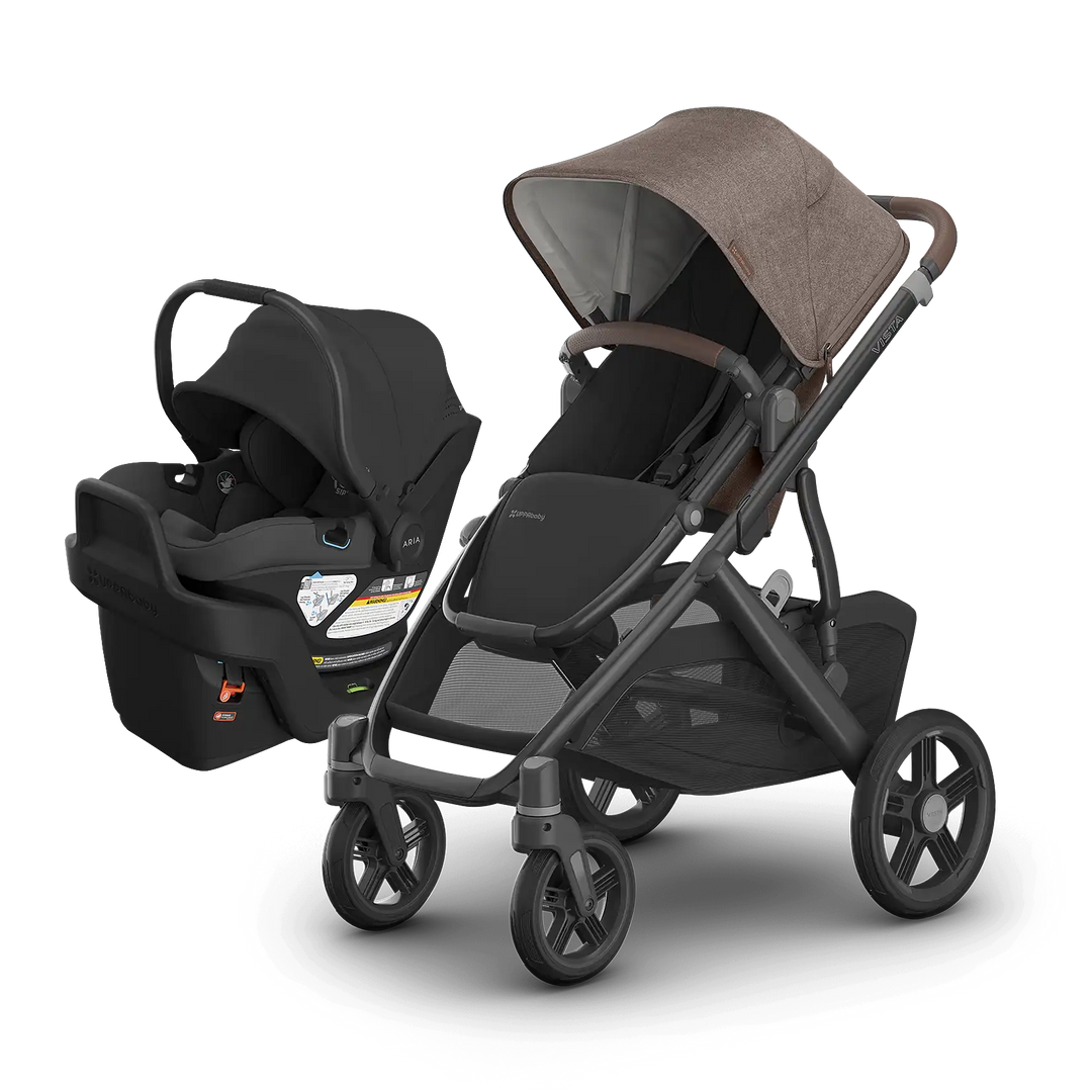 UPPAbaby Vista V3 Theo with Aria V2 Jake — brown stroller with black infant car seat travel system