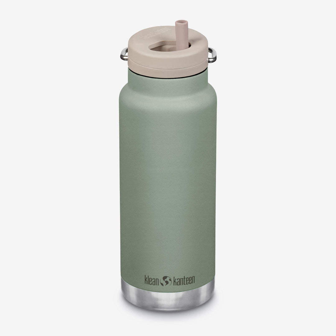 Angled view of Klean Kanteen 32oz TKWide with Twist Cap in Sea Spray, highlighting durable metal body and sleek finish