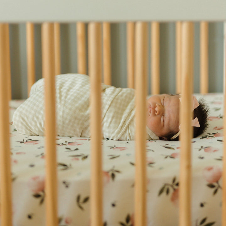 Little Unicorn Organic Stretch Knit Swaddle Blanket in Tan Gingham, versatile swaddle cloth muslin.