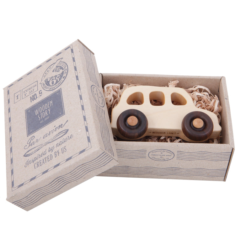 Wooden story taxi toy for 2-year-olds, safe and durable design.