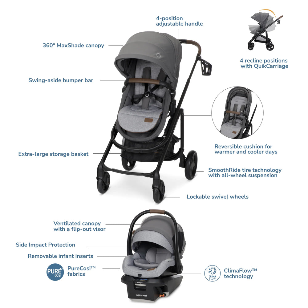 Maxi Cosi Tayla 5-in-1 Travel System featuring adjustable recline, the ideal Maxi Cosi stroller for your child’s comfort and security.