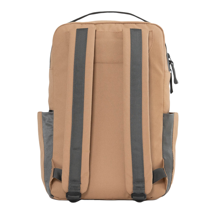 Little Unicorn Red Rovr Roo Backpack - Toffee displayed open, smart organization and easy-access storage for a backpack for kids.