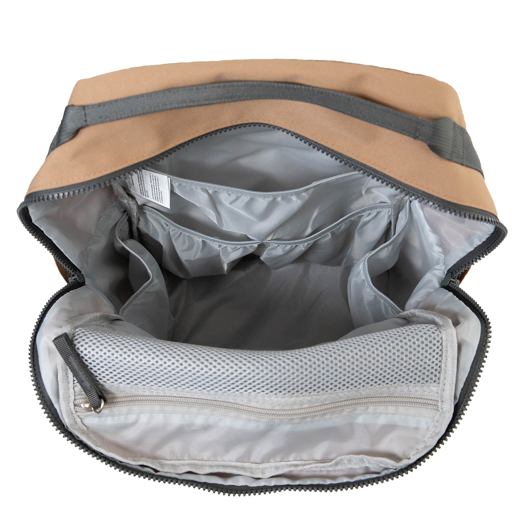 Little Unicorn Red Rovr Roo Backpack - Toffee resting on a surface, one of the best kids backpacks for school and play.