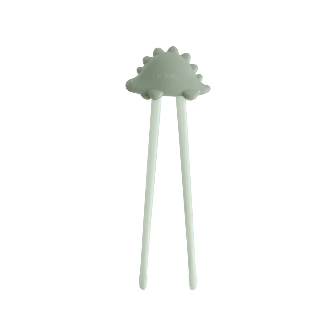 Mushie Training Chopsticks in Dried Thyme - BPA-free toddler chopstick learning set with dino connector topper