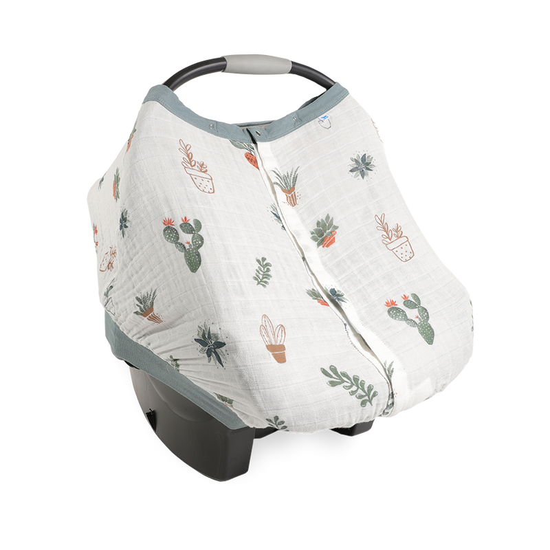 Little Unicorn Cotton Muslin Car Seat Canopy - Prickle Pots shown in a playful cactus print, perfect for stylish car seat canopy coverage.