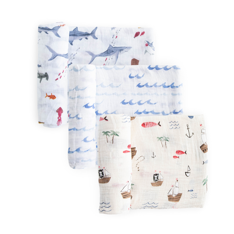 Little Unicorn Cotton Muslin Swaddle Blanket 3 Pack - Shark 2, soft baby blanket for newborns