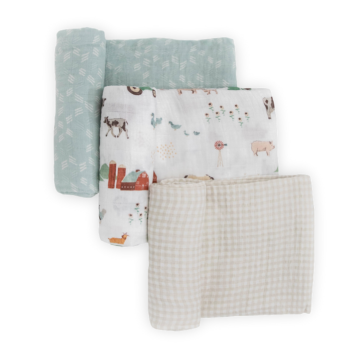 Little Unicorn Cotton Muslin Swaddle Blanket 3 Pack - Farmyard, soft baby blanket for newborns