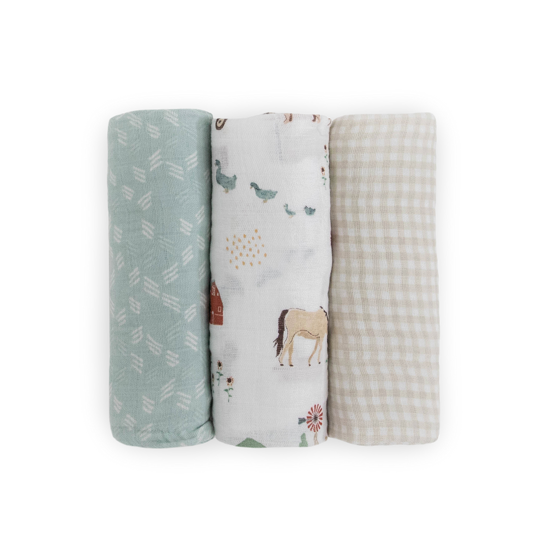Little Unicorn Farmyard Muslin Swaddle Blanket 3 Pack, muslin for swaddling newborns