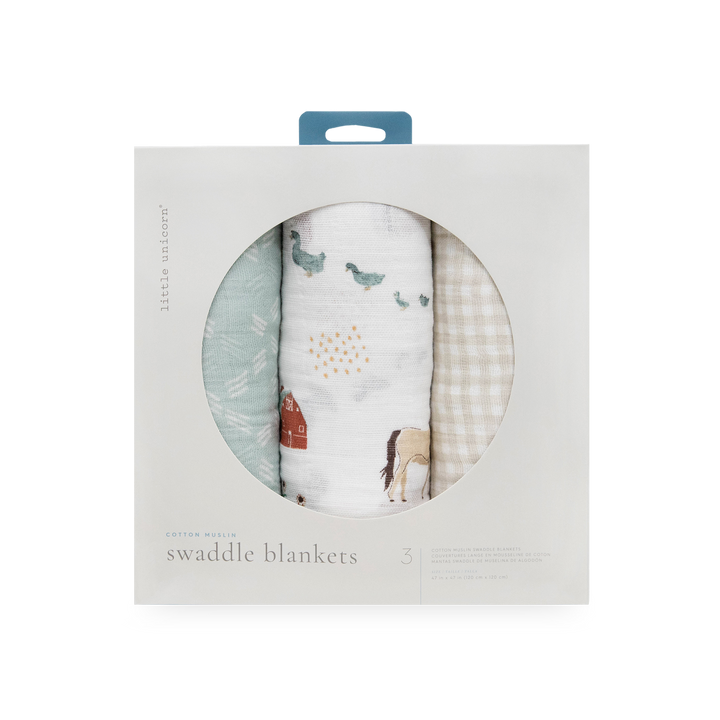 Soft and lightweight Little Unicorn Cotton Muslin Swaddle Blanket 3 Pack - Farmyard, swaddle cloth muslin