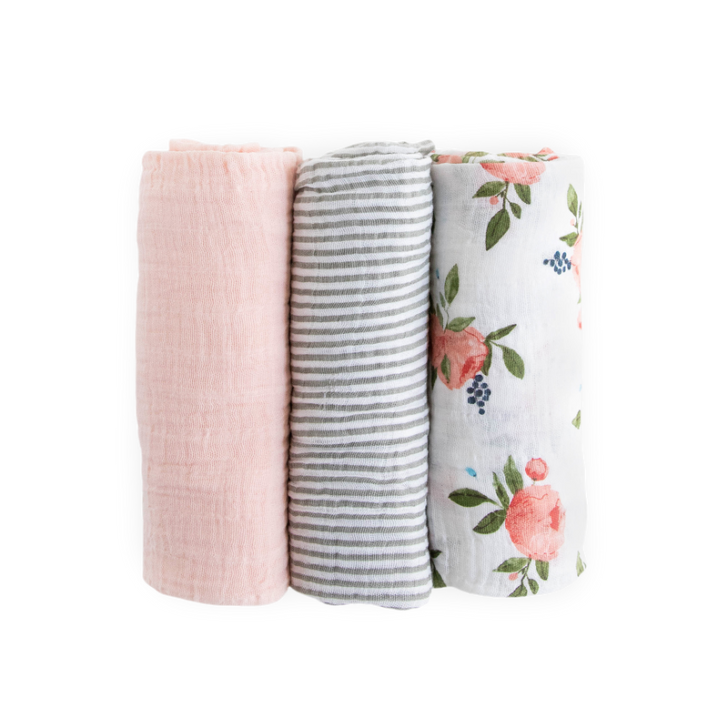 Little Unicorn muslin baby blankets 3 pack - Watercolor Roses, soft and cozy for naps.