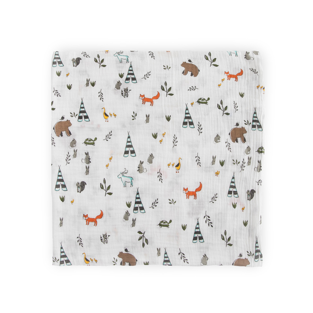 Wrap your baby in comfort with this Little Unicorn muslin swaddle in Forest Friends print.