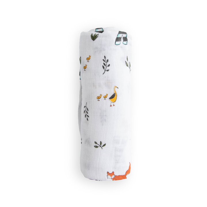 Lightweight muslin baby blankets from Little Unicorn, featuring the Forest Friends design.
