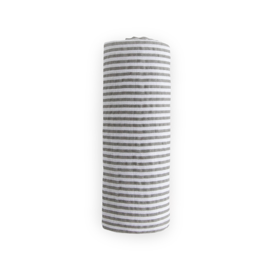 Lightweight muslin blankets from Little Unicorn, featuring the Grey Stripe design.