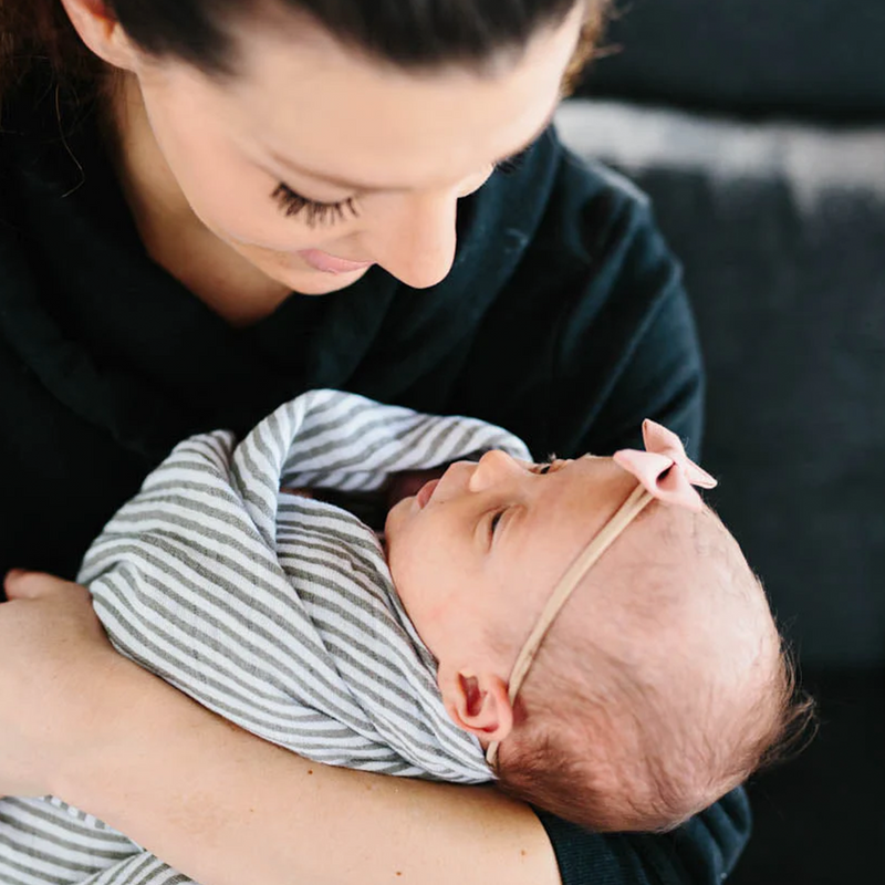 Little Unicorn swaddling muslin blanket - Grey Stripe, soft and breathable for newborns.