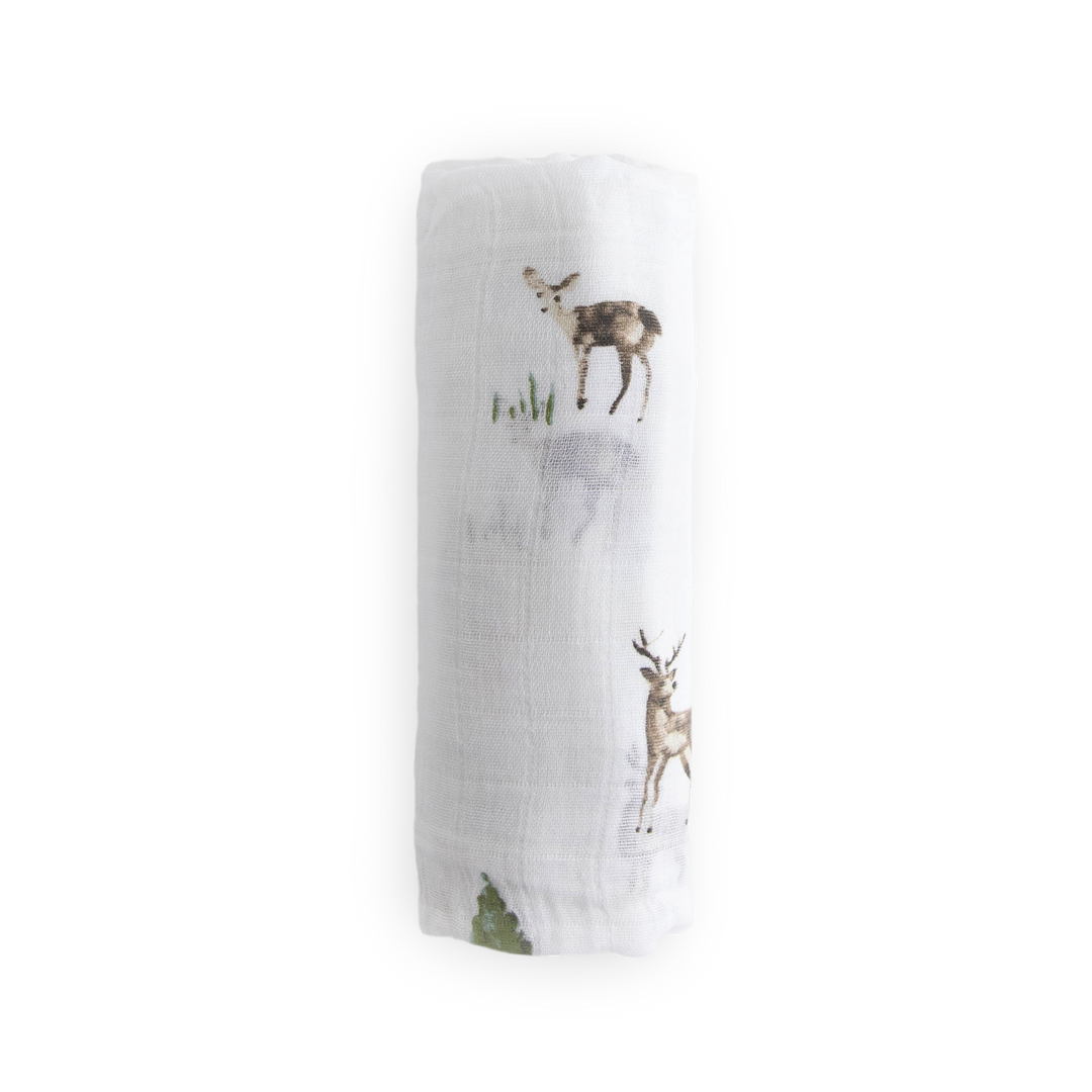 Little Unicorn muslin swaddle in Oh Deer! pattern, ideal for infant muslin blankets.