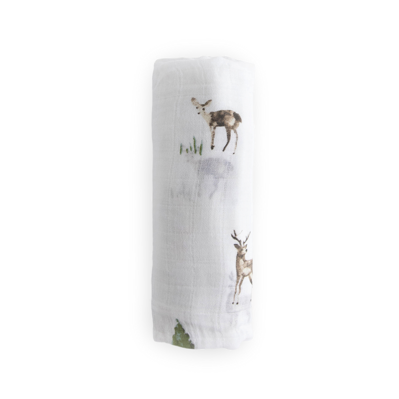 Little Unicorn muslin swaddle in Oh Deer! pattern, ideal for infant muslin blankets.