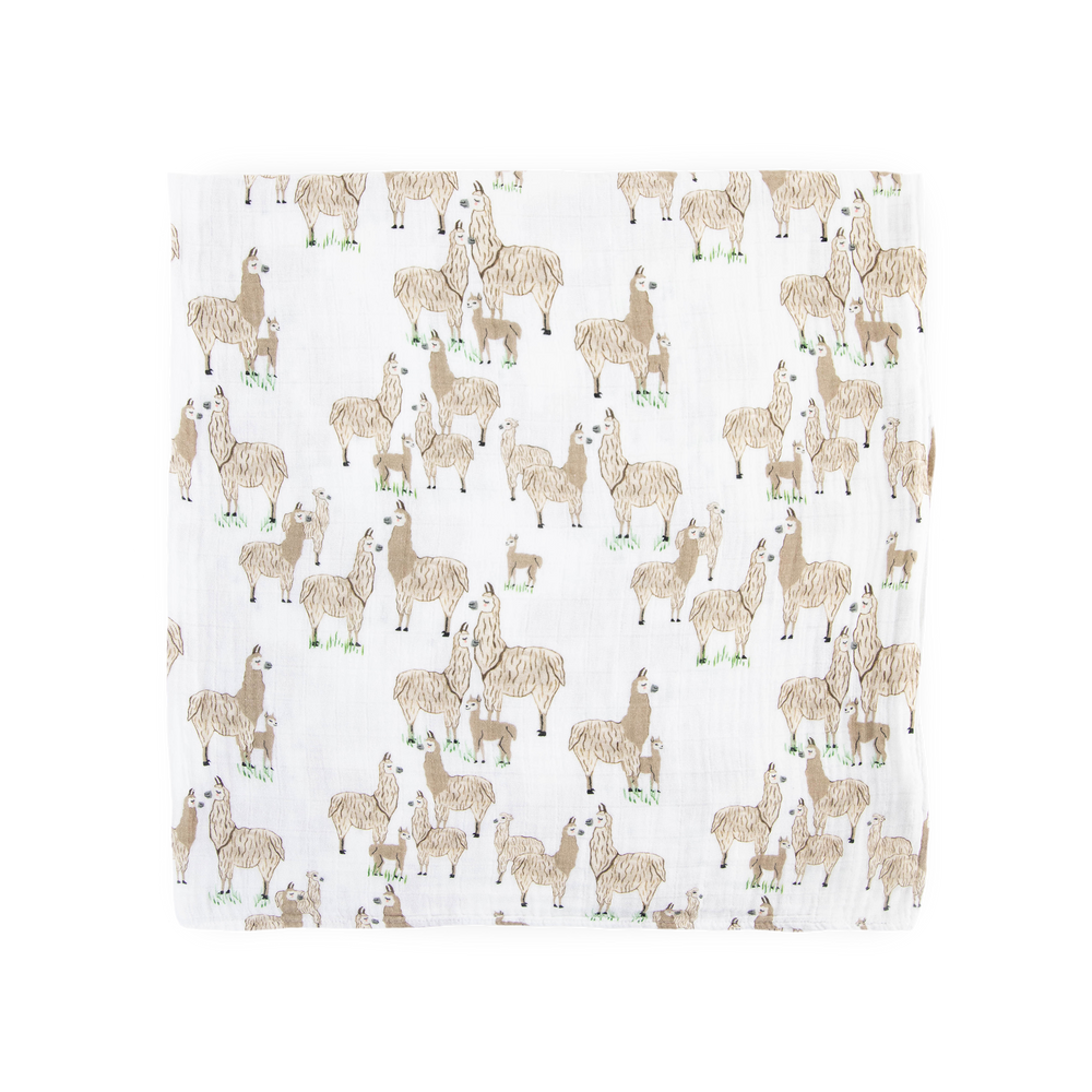 Cozy Little Unicorn Llama Llama muslin blankets, perfect for gentle infant swaddling.