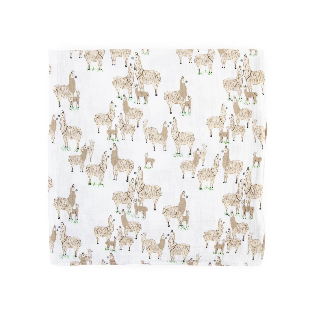 Cozy Little Unicorn Llama Llama muslin blankets, perfect for gentle infant swaddling.