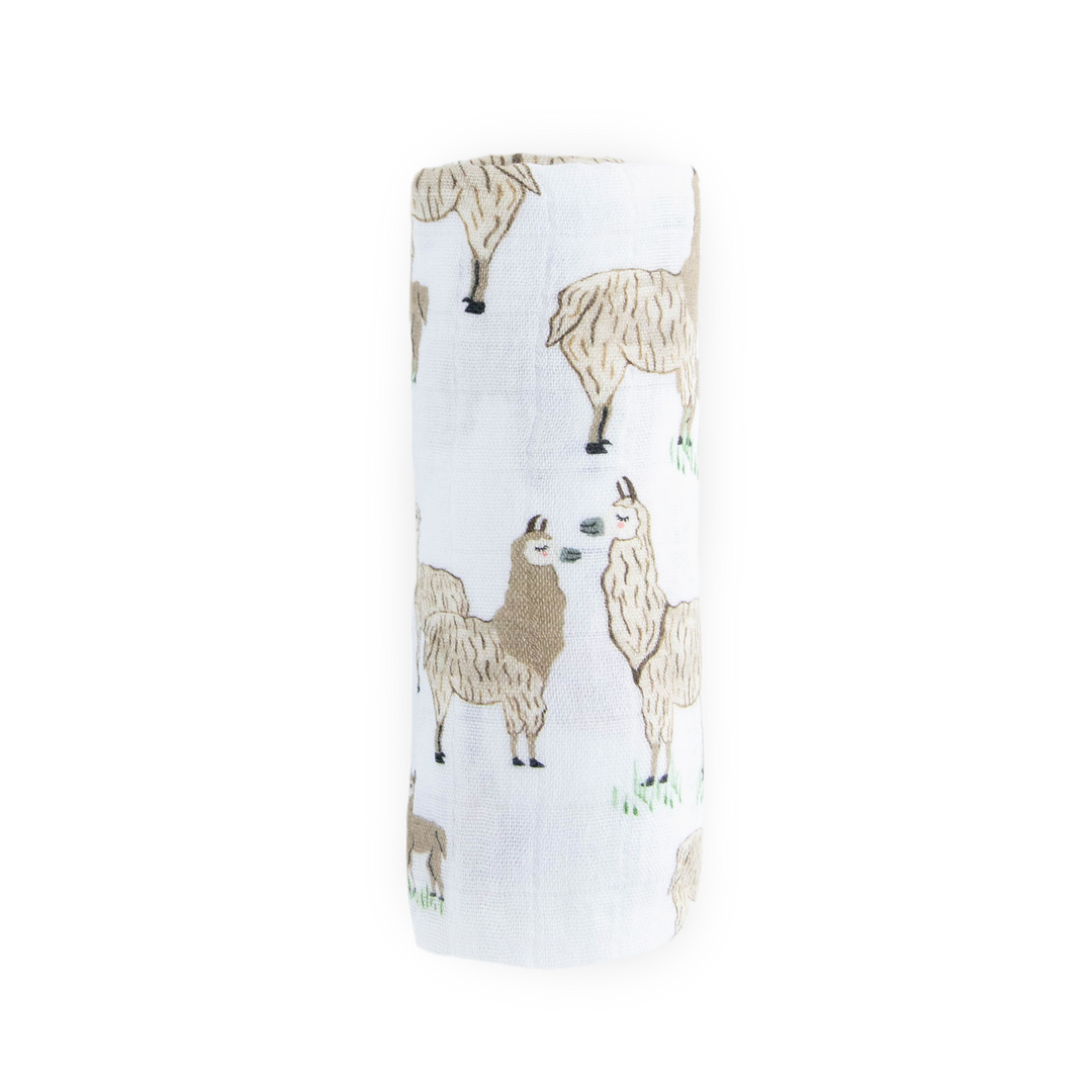 Little Unicorn muslin swaddle in Llama Llama print, lightweight and breathable baby blanket.