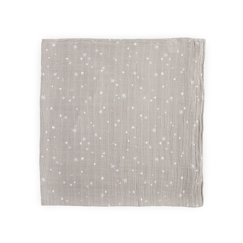 Little Unicorn muslin swaddle in Snow Flurries print, lightweight and breathable baby blanket.