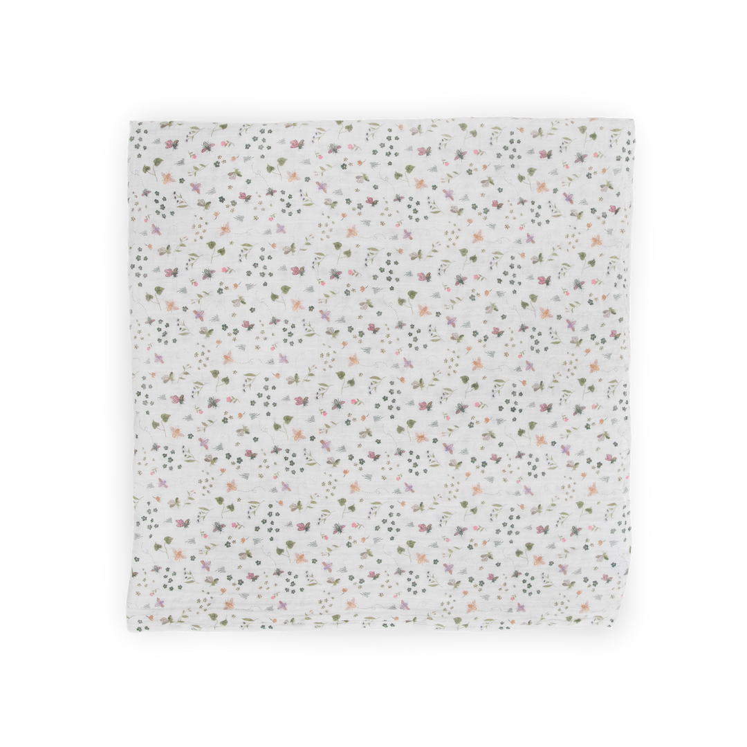 Little Unicorn muslin blankets baby in the Garden Bees print, ideal for comfort and snuggles.