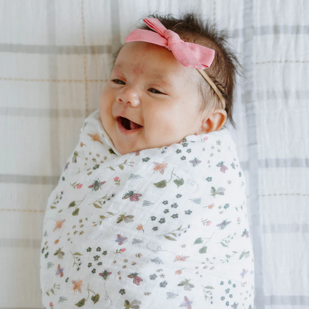 Little Unicorn Garden Bees swaddle cloth muslin, lightweight and breathable baby blanket.