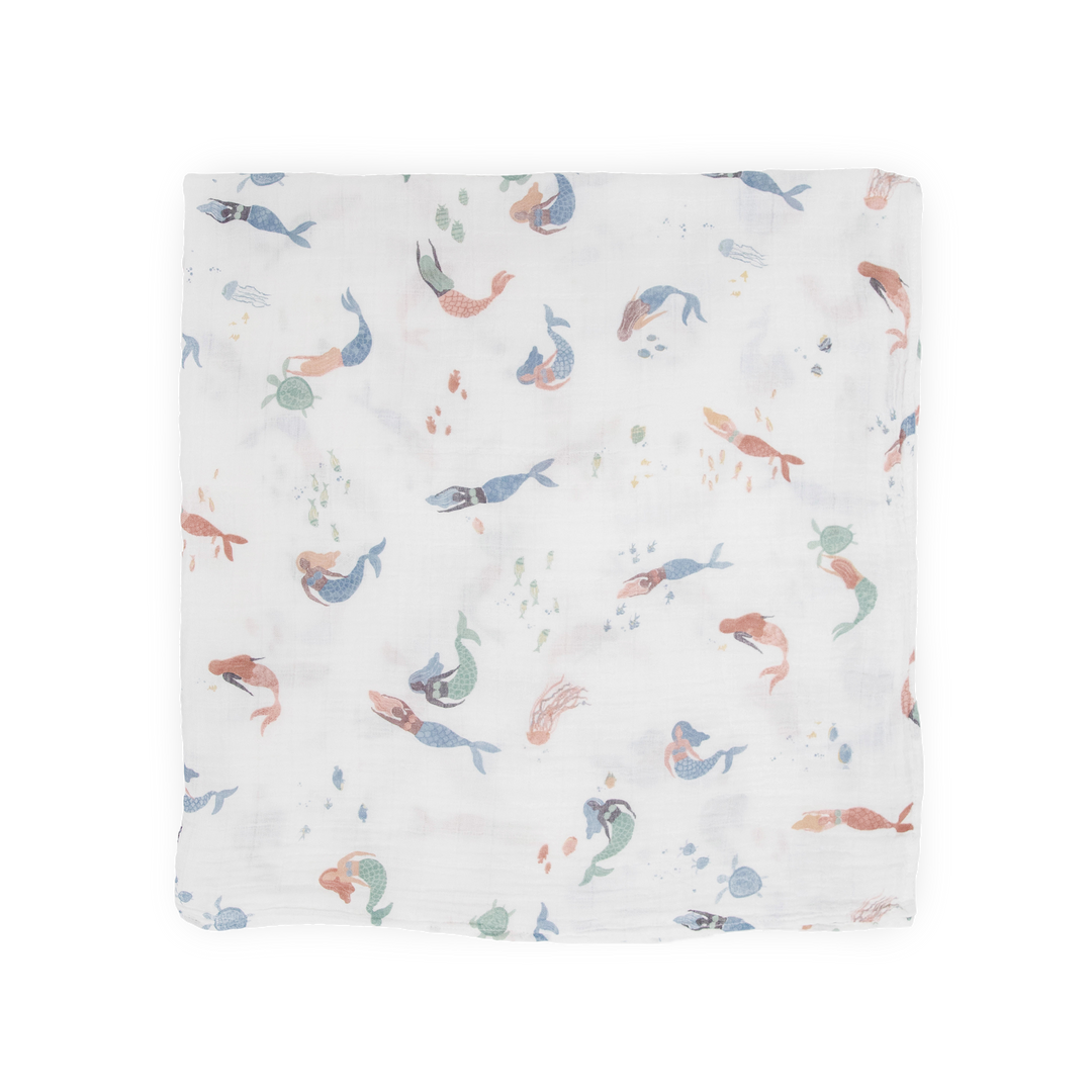Little Unicorn muslin swaddle in Mermaids print, lightweight and breathable baby blanket.