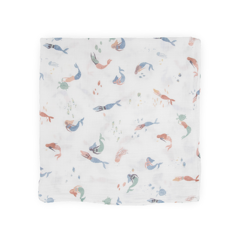 Little Unicorn muslin swaddle in Mermaids print, lightweight and breathable baby blanket.