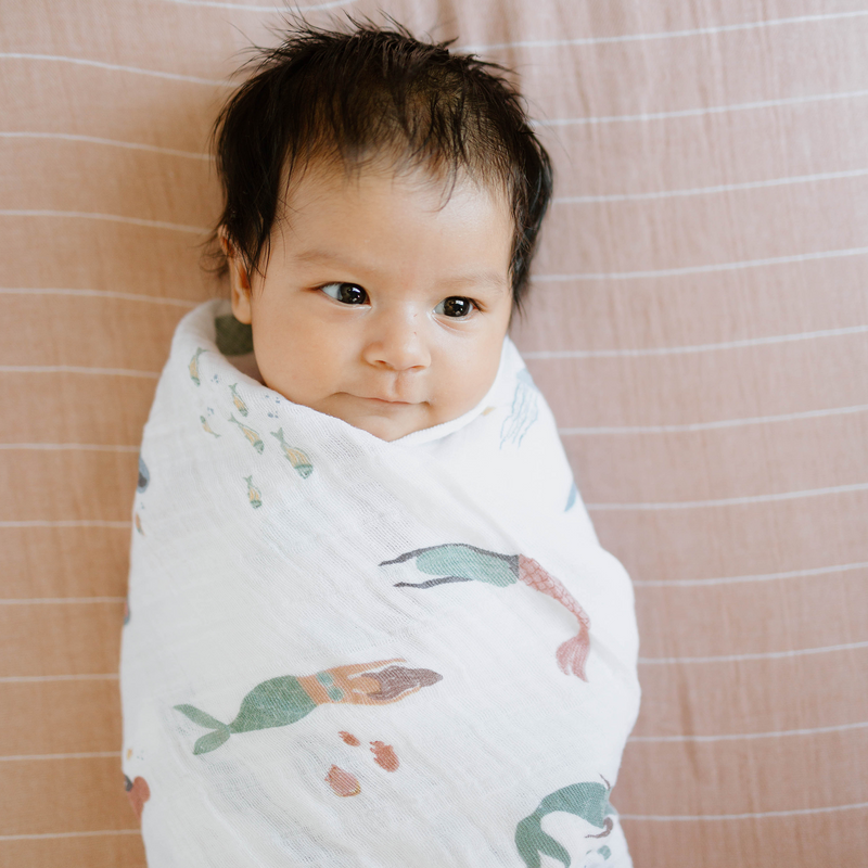 Muslin for swaddling by Little Unicorn, Mermaids pattern, perfect muslin swaddle blankets.