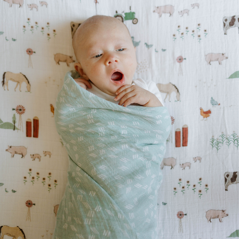 Infant muslin blankets from Little Unicorn in Misty Field, cozy and perfect for swaddling.