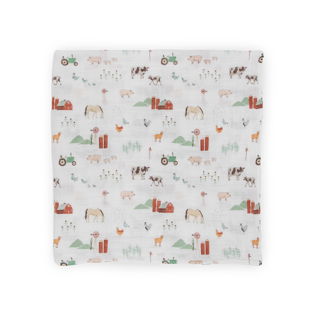 Soft and breathable Little Unicorn Farmyard swaddle cloth muslin ideal for babies.