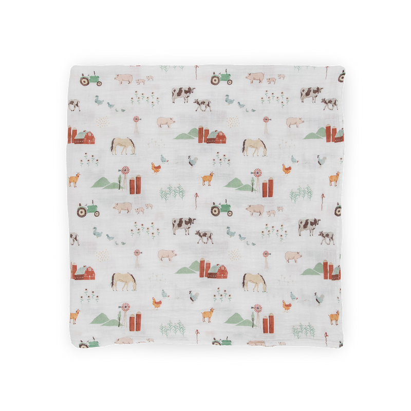 Soft and breathable Little Unicorn Farmyard swaddle cloth muslin ideal for babies.