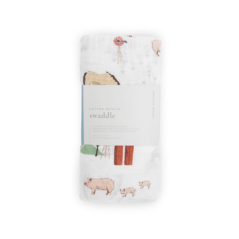 Farmyard print muslin baby blanket from Little Unicorn, gentle for sensitive skin.