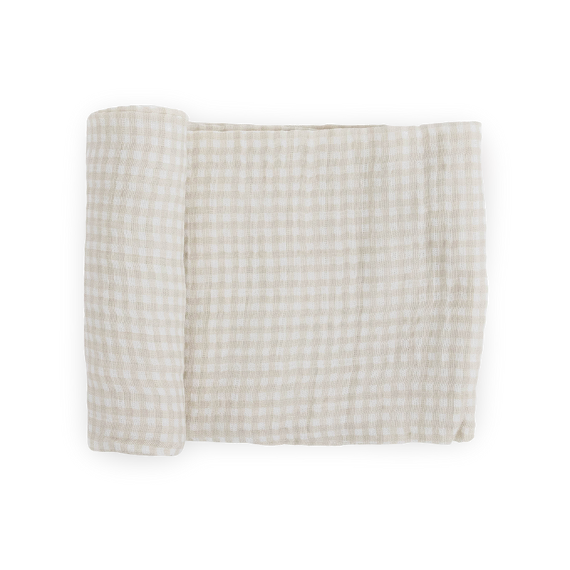 Little Unicorn Cotton Muslin Swaddle Blanket - Tan Gingham, soft muslin swaddle for infants.