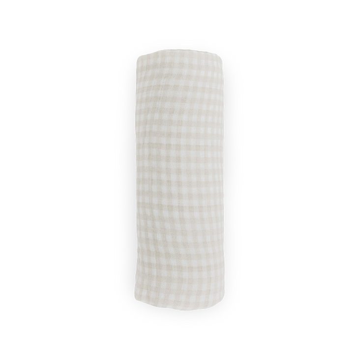 Lightweight muslin baby blankets from Little Unicorn, featuring the Tan Gingham design.